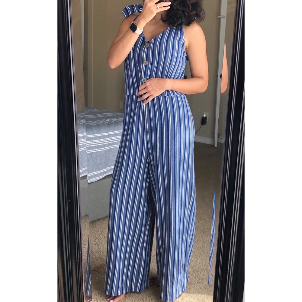Arizona Vertical Striped Wide Leg Blue Jumpsuit